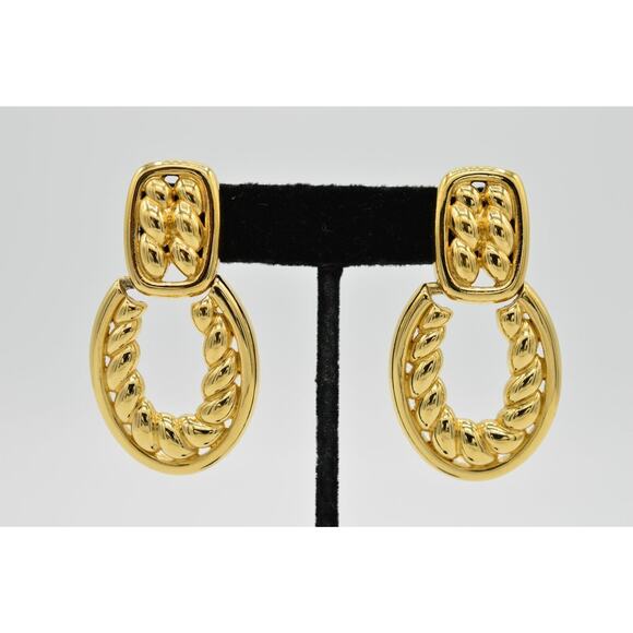 Givenchy Vintage Clip On Earrings Gold Dangle Chunky Door Knockers Signed 80s 9C - Picture 1 of 8